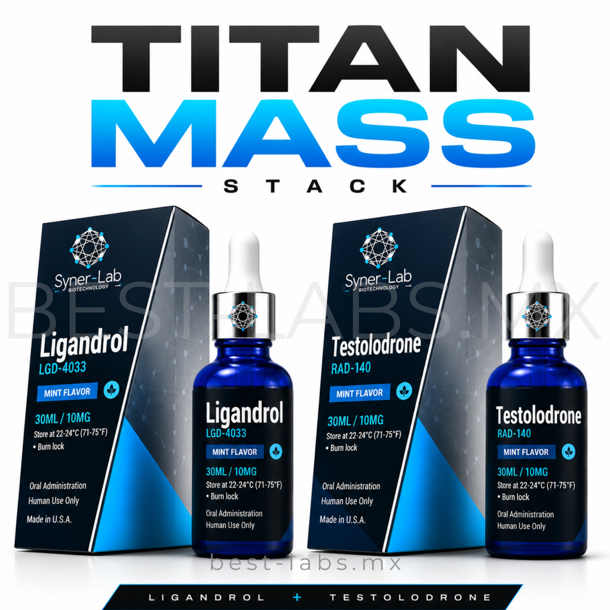 Titan Mass Stack - 1 Gotero de Ligandrol + 1 Gotero de Testolodrone SYNERLAB