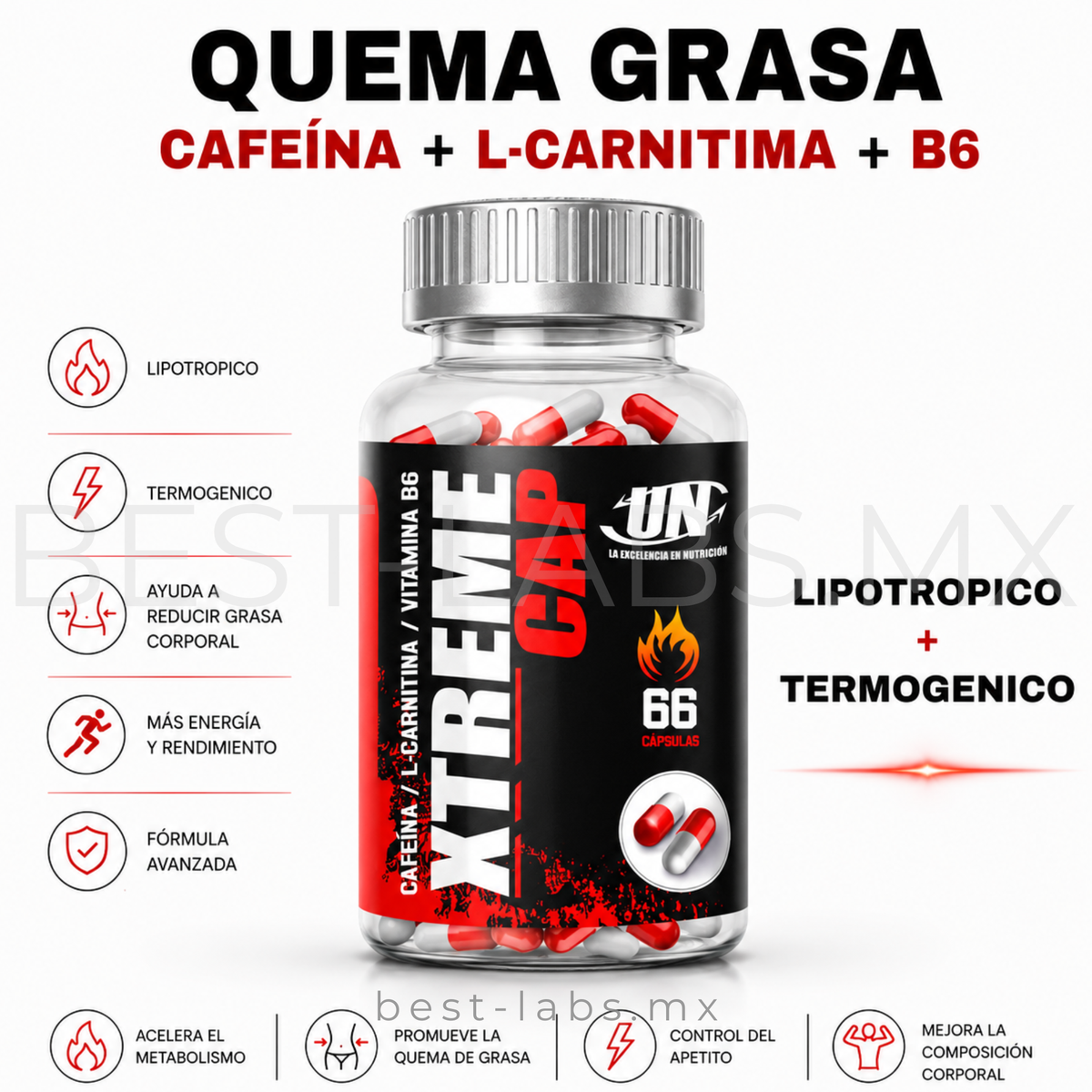 Xtreme Caps 66 cápsulas – Termogénico avanzado y quemador de grasa de alta potencia | UN Xtreme