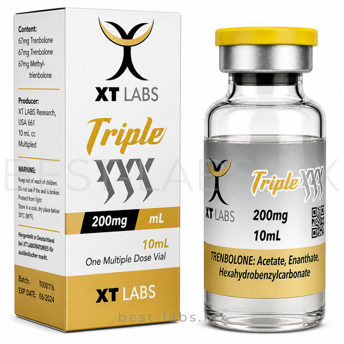 Triple XXX 200 mg/ml (Tri-Trembolona: Acetato 100 mg + Enantato 50 mg + Hexahidrobenzilcarbonato 50 mg) frasco con 10 ml | XT Labs