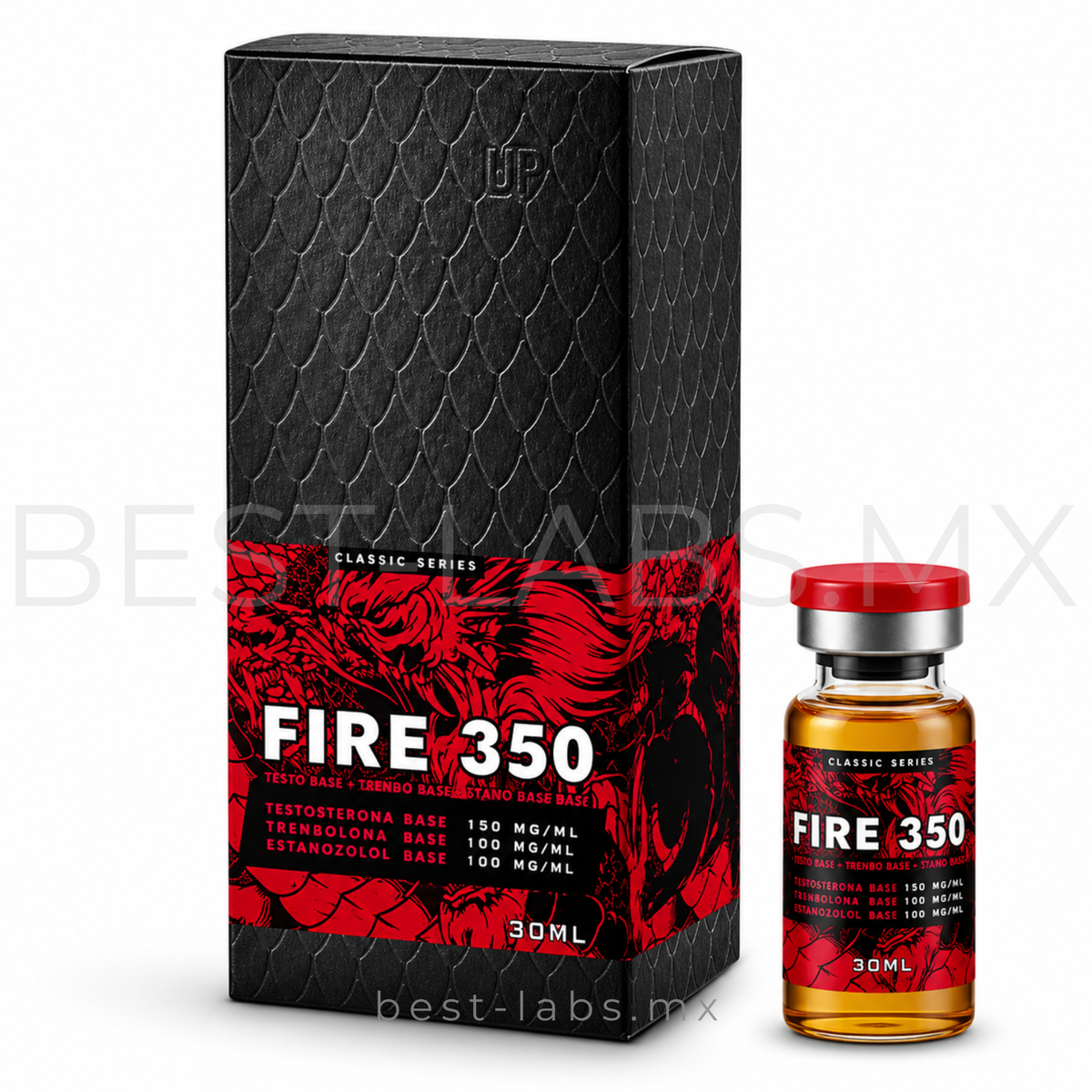 Fire 350 (Testosterona Base 150mg/Trembolona Base 100mg/Stanozolol 100mg) 10 ampolletas de 1ml | Dragon Pharma